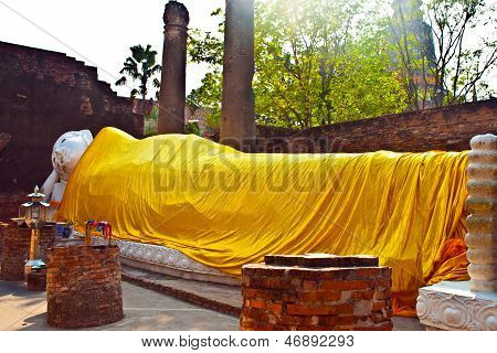 Lying Buddha Dressed In Yellow Scarf In Temple Wat Yai Chai-mongkol