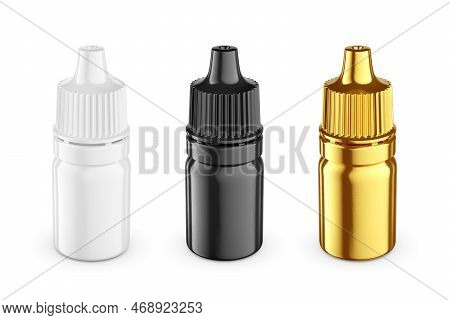White, Black, Gold Medicine Plastic Bottles For Liquid Dropper Isolated On White Background. 10ml. 3