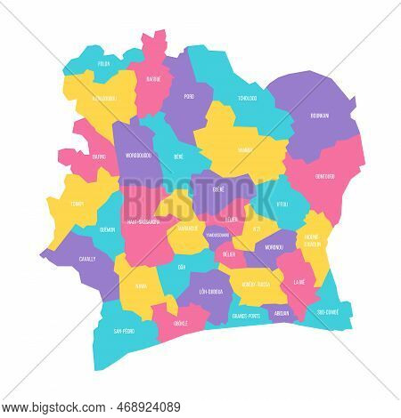Ivory Coast Political Map Of Administrative Divisions - Regions And Autonomous Districts. Colorful V