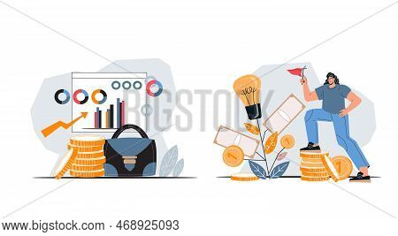 Business And Finance Banners Set On Topic Of Stock, Investment Fund And Savings Management, Flat Car