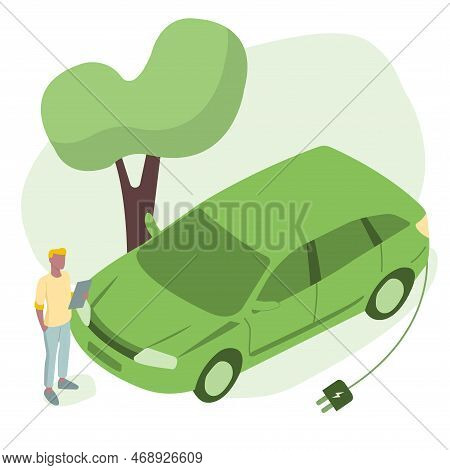 Electric Car With Plug, Ev Car, Eco Friendly Vehicle Concept, Vector Illustration