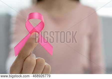 Woman Hold Pink Ribbon Breast Cancer Awareness. Female Health Check Consciousness. International Wom