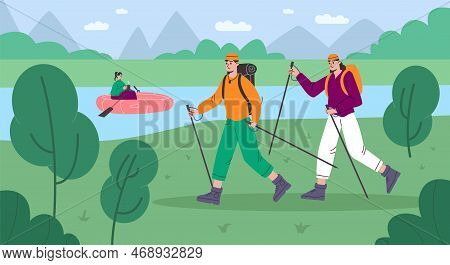 Cartoon People Hike. Happy Tourists Engaged In Scandinavian Walking. Outdoor Sport Activities. Girl 