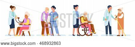 Doctor Helps Old People. Senior Patients Assistance. Nurse Cares For Grandmothers And Grandfathers. 