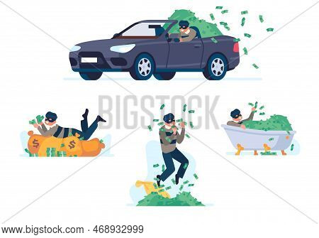 Robber With Money. Successful Gangster. Wealthy Bandit. Banknotes Heap. Rich Burglar. Financial Crim