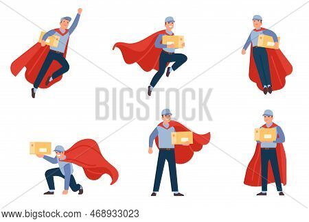 Super Courier. Fast Delivery. Superhero Flying With Parcel. Order Shipping. Worker In Red Cloak. Car