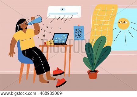 Woman Suffering From Heat. Unhappy Sweaty Girl Under Air Cooling Conditioner. Female Character Drink