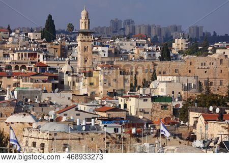 Jerusalem Old City With One Of Minarets Of Al-aqsa Mosque Compound. Unesco World Heritage Site.
