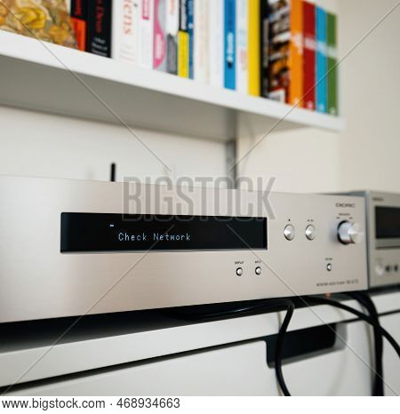 Paris, France - Dec 13, 2022: Check Network Message On New Onkyo Ns-6170 Network Audio Player With D