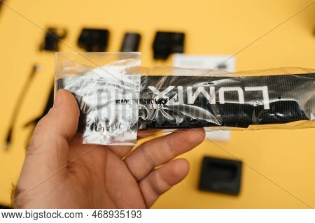 Paris, France - Nov 20, 2022: New Branded Camera Strap Of New Panasonic Lumix Dmc-gh6 Micro Four Thi