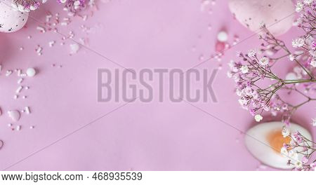 Easter Colorful Eggs. Easter. Easter Pink Background. Easter Flowers. Banner. Copy Space