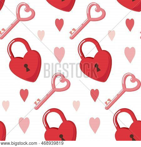 Seamless Pattern Of Lovelock, Love Key And Hearts On Isolated Background. Design For Celebration Val