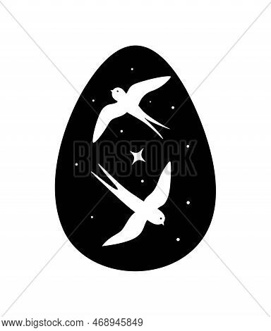 Black Egg Silhouette. Birds Or Swallows Against Background Of Starry Sky, Galaxy And Wind, Night. Mi