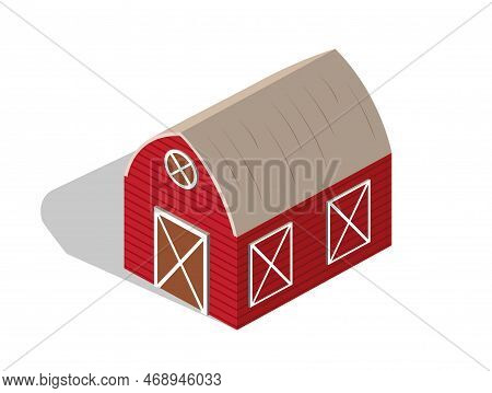 Isometric Farm Barn. Small Red Building For Storing Inventory And Crops, Food. Symbol Of Countryside