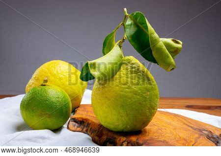 Variety Of Citrus Fruits, Bergamot And Lemon Citron Cedrate Or Citrus Medica, Large Fragrant Citrus