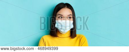 Covid-19, Social Distancing And Pandemic Concept. Headshot Of Cute Asian Woman With Short Dark Hair 