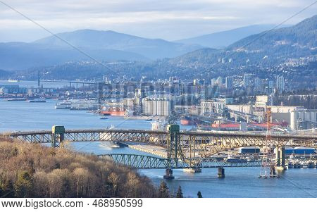 Burnaby, British Columbia, Canada - January 11, 2023: Second Narrows Bridge And Industrial Sites In 