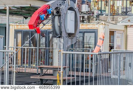Hadong-gun, South Korea; November 24, 2022: Motorized Zip-line Tension Control Assembly On Platform.