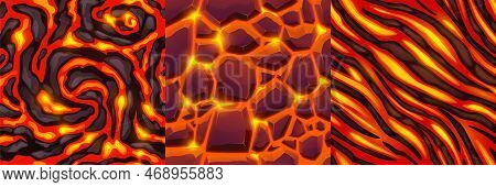 Textures Of Lava, Magma And Stones. Seamless Patterns Of Volcano Rock Surface With Cracks And Flows 