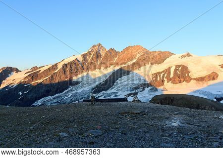 Mountain Grossglockner And Glacier Pasterze Panorama During Sunrise In Glockner Group, Austria