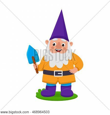 Cute Garden Gnome Holding A Shovel In Blue Cap. Vector Illustration Of Funny Fairy Tale Character. C