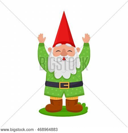 Cute Garden Gnome In Green Spotted Shirt Greets Waving Hands. Vector Illustration Of Funny Fairy Tal