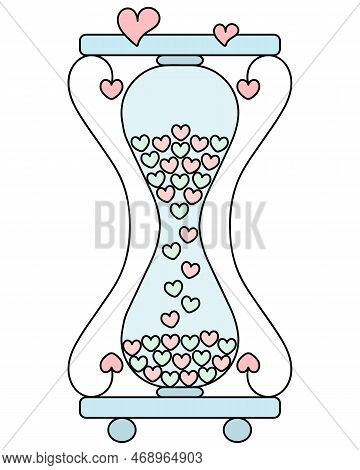 Hourglass. Countdown. The Glass Flask Is Filled With Sand In The Form Of Hearts. Love Clock. Love Ti