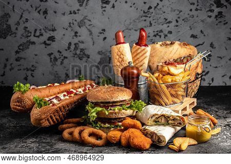 Take Away Fast Food Products Kebab, Pita, Gyros, Shaurma, Wrap Sandwich With French Fries And Nugget