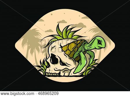 Illustration Design Of The Sea Turtle In The Skull Shape With Several Grass