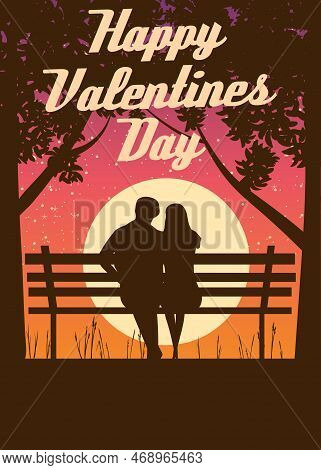 Silhouette Loving Couple On The Bench At Night. Happy Valentines Day Poster