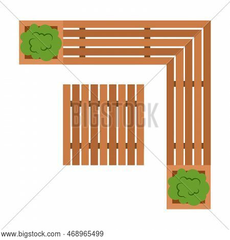 Garden Corner Bench With Flower Pots At The Ends And A Wooden Table, Furniture For Outdoor Plan. Vec