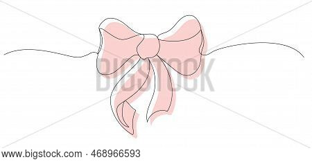 Simple Bow, Ribbon. Design Of Jewelry, Packaging In One Line Style. Element Isolated On White Backgr
