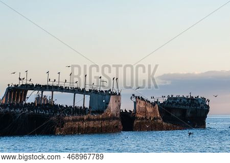 Close-up Of The Ss Palo Alto, An Old World War Ii Shipwreck Around Sunset, Off The Coast Of Aptos, N