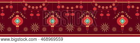 Chinese Lantern Festival And New Year Seamless Pattern With Red Paper Lanterns, Decorative Elements 