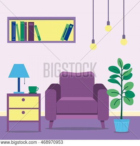 Cozy Living Room Interior In Flat Style. Interior With An Armchair And A Contiguous Flower.