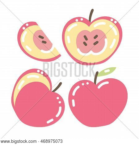 Whole And Cut Red Apple In Simple Style Vector Illustrations Set. Cartoon Drawings Of Whole Fruit, S