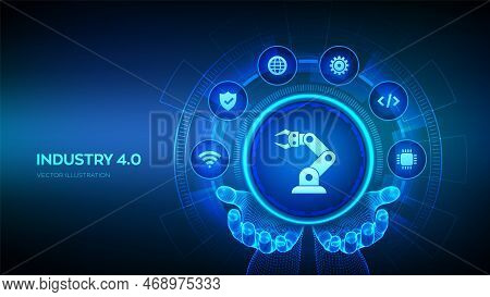 Smart Industry 4.0 Symbol In Wireframe Hands. Factory Automation. Autonomous Industrial Technology C