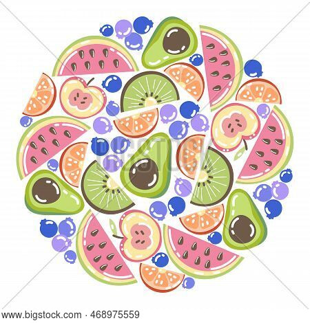 Circular Pattern With Slices Of Fruits Vector Illustration. Cartoon Drawing Of Blueberries And Slice