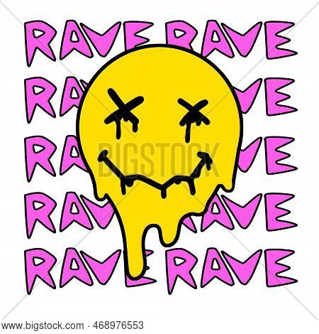 Yellow Smile Face On Background Of Rave Text. Poster For 90s Techno Party. Cartoon Illustration