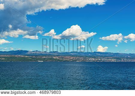 Town Of Rijeka On Croatian Adriatic Sea Coastline Seen From The Kvarner Gulf Shoreline And Town Of L