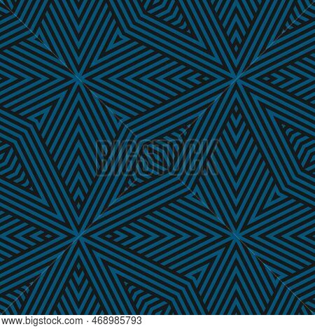 Geometric Line Seamless Pattern. Vector Abstract Black And Dark Blue Background. Modern Graphic Text