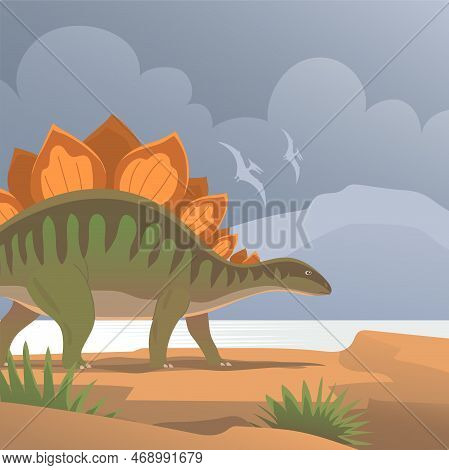 Stegosaurus With Spikes On The Tail On The Background Of A Prehistoric Landscape
