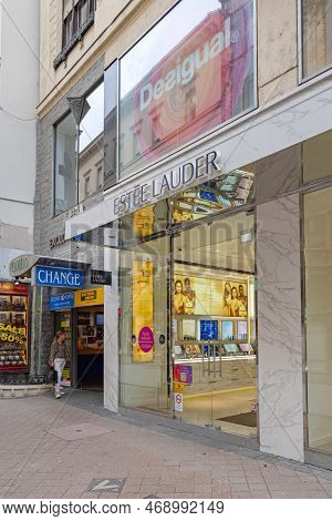 Budapest, Hungary - July 31, 2022: Beauty And Make Up Estee Lauder Cosmetics Shop At Vaci Street In 