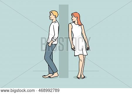 Man And Woman Separated By Wall. Young Couple Stand On Different Sides Of Wall. Separation And Break