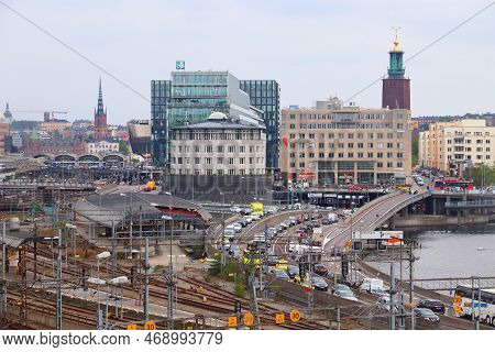 Stockholm, Sweden - August 24, 2018: Norrmalm District Skyline In Stockholm, Sweden. Stockholm Is Th