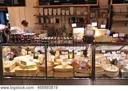 Stockholm, Sweden - August 24, 2018: Cheese Shop At Ostermalm's Market Hall (ostermalms Saluhall) In