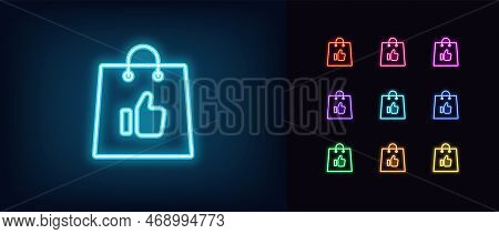 Outline Neon Good Shopping Icon. Glowing Neon Shopping Bag With Thumb Up Sign, Best Buy And Like Pic