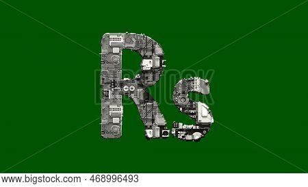 Rupee Symbol - Cyber Metal Scrap Font On Green Screen, Isolated - Object 3d Rendering