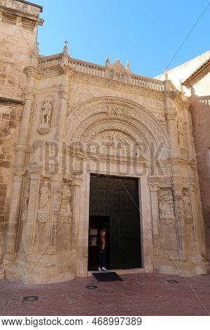 Biar, Alicante, Spain, January 14, 2023: Main Entrance Door Of The Church Of Our Lady Of The Assumpt