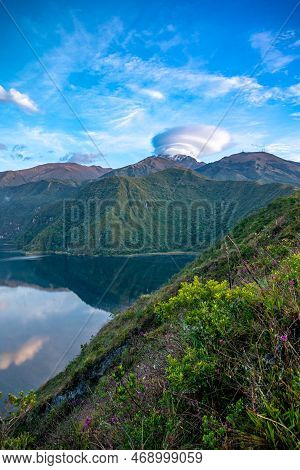 Cuicocha Crater Lake At The Foot Of Cotacachi Volcano In The Ecuadorian Andes.